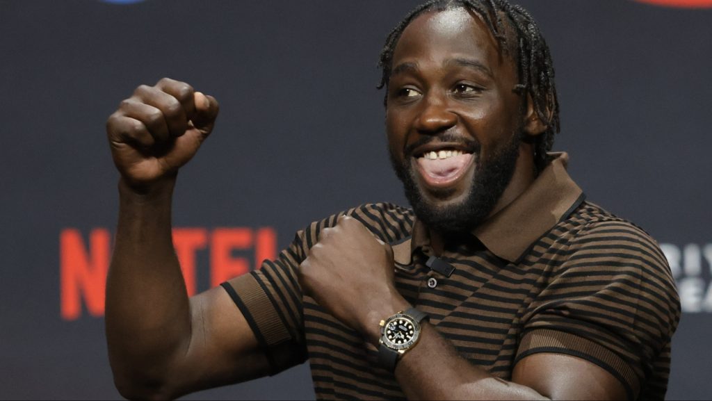 Terence Crawford appears at a pre-fight press conference for his fight against Canelo Alvarez
