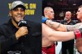 Ciryl Gane appears at a UFC 321 press conference, opposite Tom Aspinall embracing Sergei Pavlovich before their fight at UFC 295