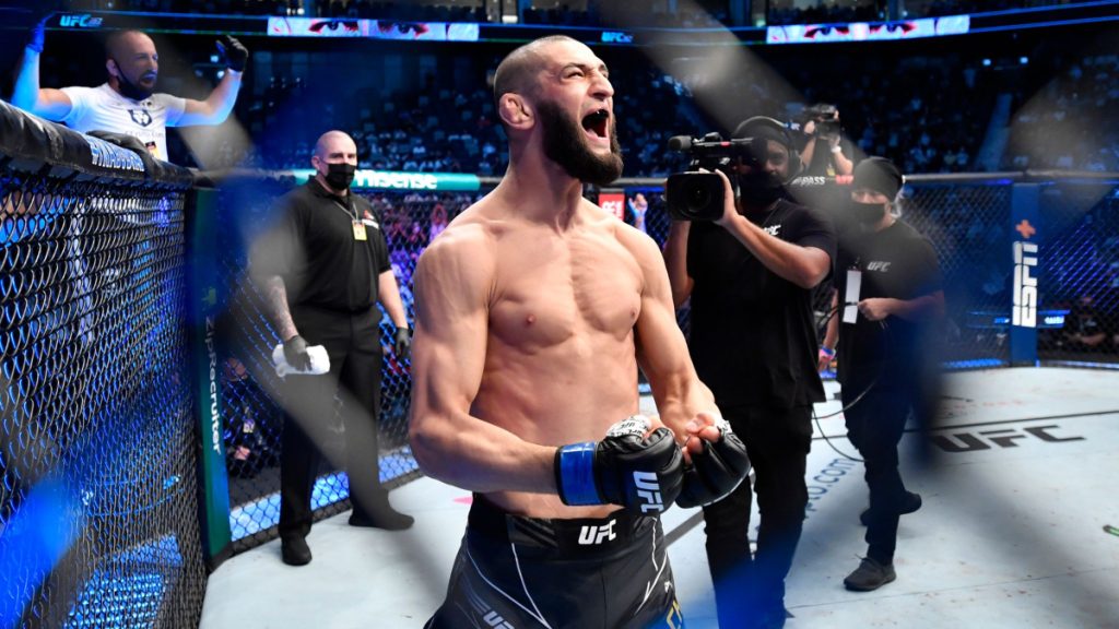 Khamzat Chimaev celebrates UFC win