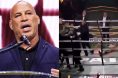 Wanderlei Silva speaks at the UFC Hall of Fame induction ceremony, opposite Silva on the canvas in the boxing ring