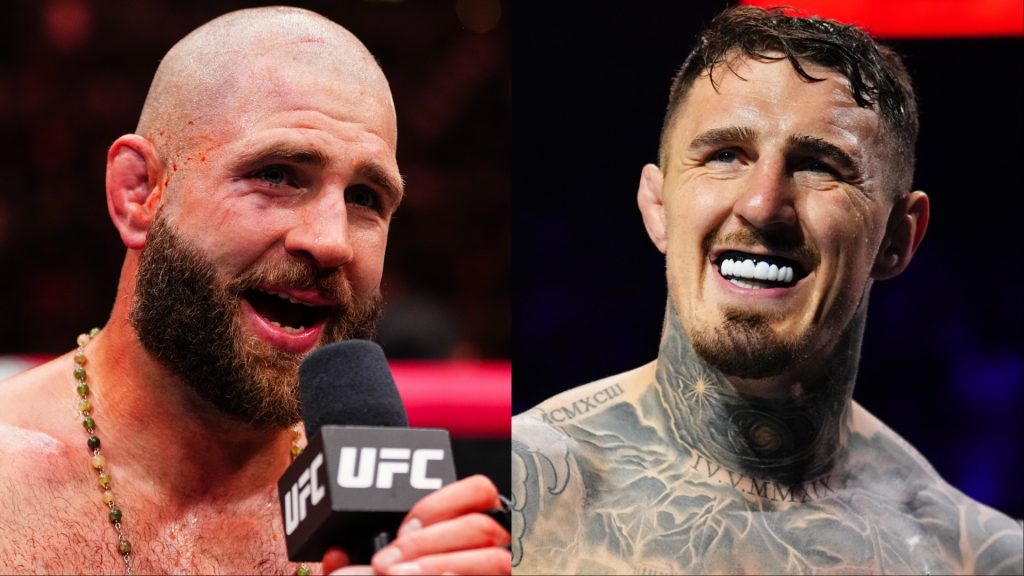 Jiri Prochazka speaks after a win at UFC 320, opposite Tom Aspinall in the cage at UFC 321