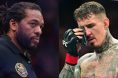 Herb Dean inside the Octagon at UFC 320, opposite Tom Aspinall at UFC 321
