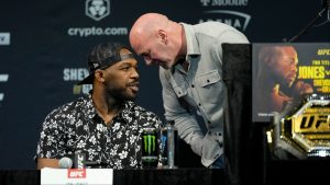 Jon Jones and Dana White speak during the UFC 285 pre-fight press conference