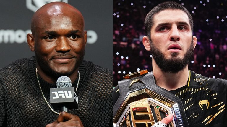 Kamaru Usman speaks at the UFC 294 press conference, opposite Islam Makhachev after his victory at UFC 311