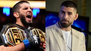 Islam Makhachev celebrates after a win at UFC 322, opposite Ilia Topuria