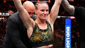 Valentina Shevchenko celebrates after he win at UFC 322