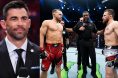 Dominick Cruz cageside at UFC 315, opposite Petr Yan and Merab Dvalishvili in the Octagon