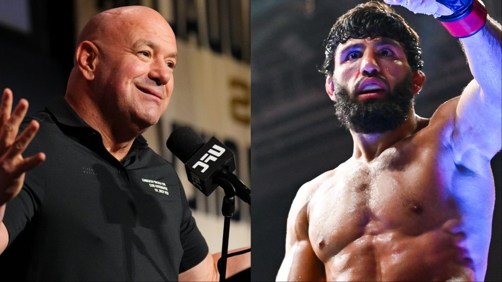 Dana White speaks during the UFC 322 press conference, opposite Arman Tsarukyan celebrating after a win at UFC Qatar