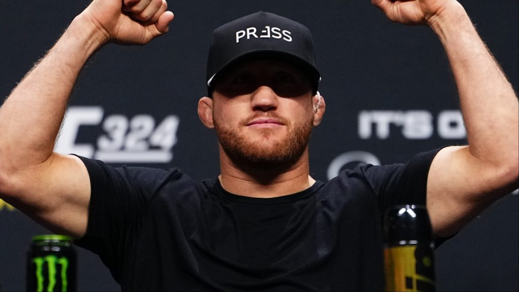 Justin Gaethje appears at a press conference ahead of UFC 324