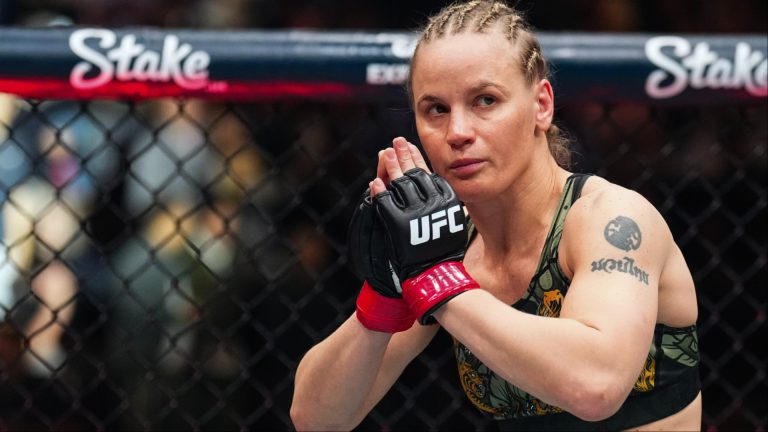 Valentina Shevchenko enters the Octagon for her fight at UFC 322