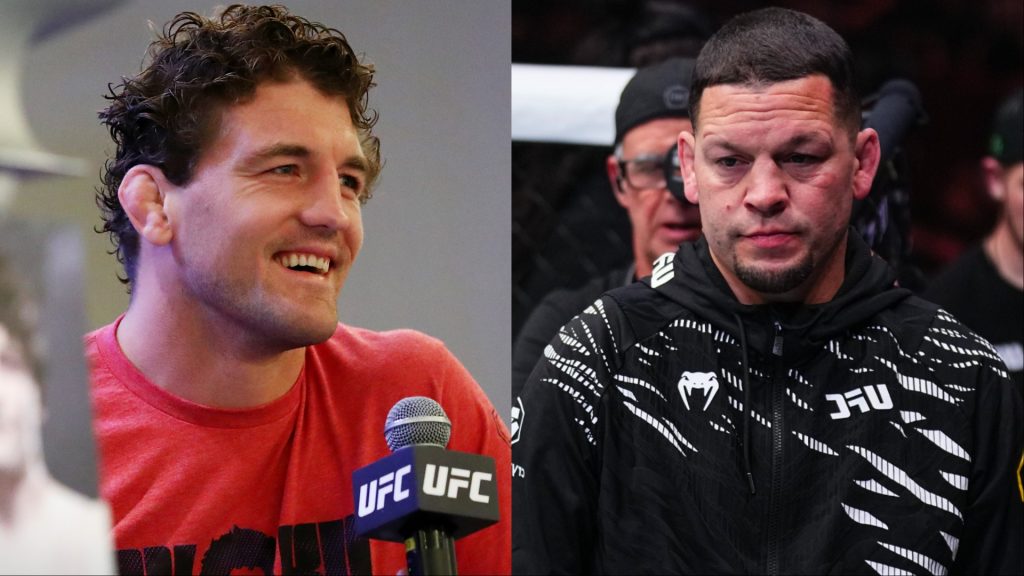 Ben Askren speaks at UFC Singapore media day, opposite Nate Diaz