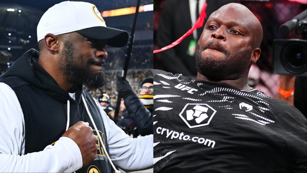 Pittsburgh Steelers head coach Mike Tomlin celebrates a win over the Baltimore Ravens, opposite Derrick Lewis after a UFC win