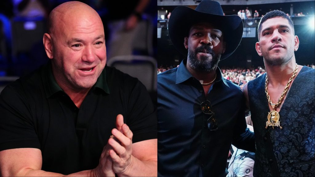 Dana White applauds after a UFC fight, opposite Jon Jones and Alex Pereira at UFC 306