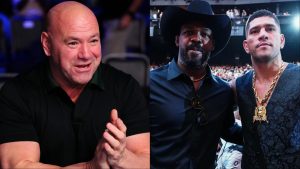 Dana White applauds after a UFC fight, opposite Jon Jones and Alex Pereira at UFC 306
