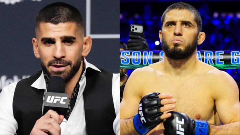 Ilia Topuria speaks at the UFC 317 press conference, opposite Islam Makhachev in the cage at UFC 322