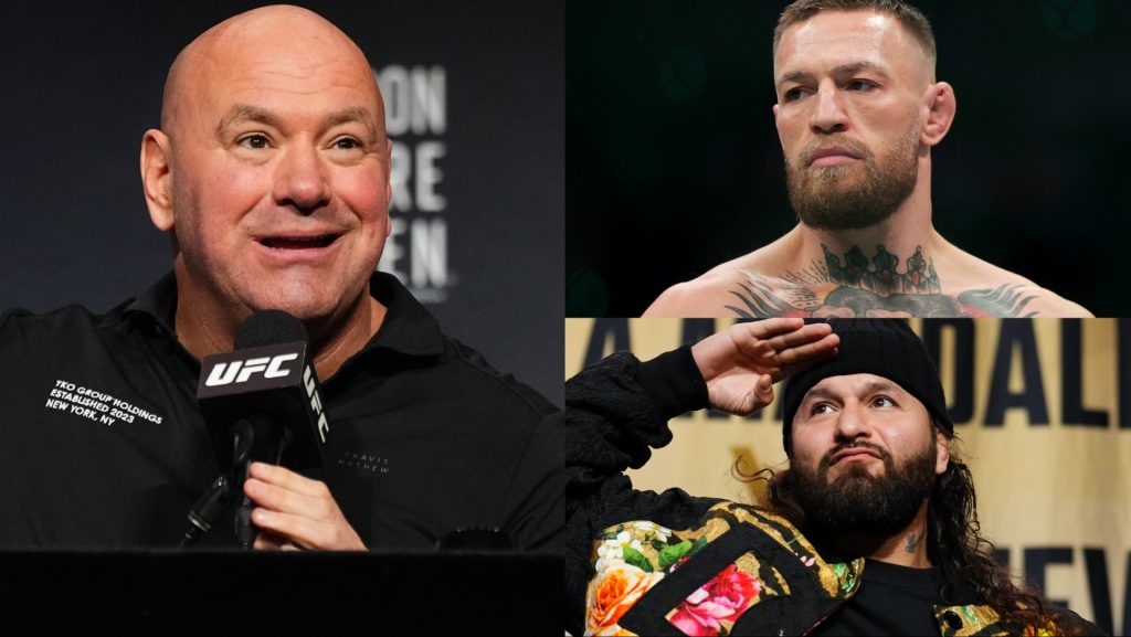 Dana White appears at the UFC 322 press conference, opposite Conor McGregor at UFC 264 and Jorge Masvidal at a Q&A