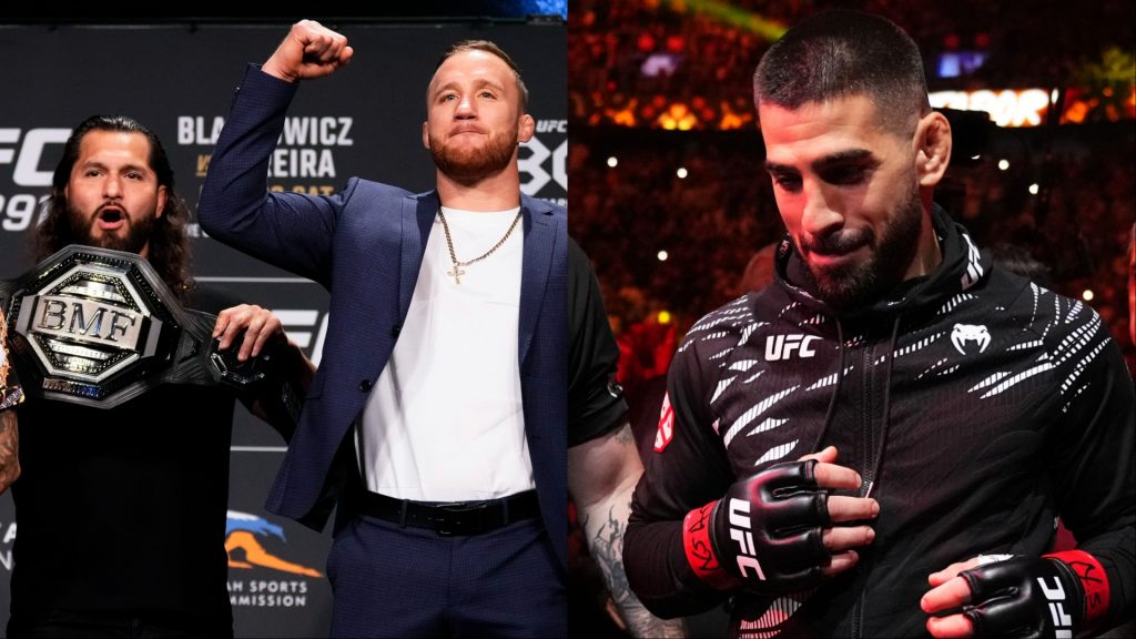 Justin Gaethje and Jorge Masvidal at the UFC 291 press conference, opposite Ilia Topuria walking out at UFC 317