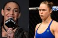 Cris Cyborg at the UFC 232 press conference, opposite Ronda Rousey