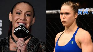 Cris Cyborg at the UFC 232 press conference, opposite Ronda Rousey