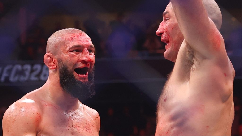 Khamzat Chimaev and Sean Strickland react after their fight at UFC 328