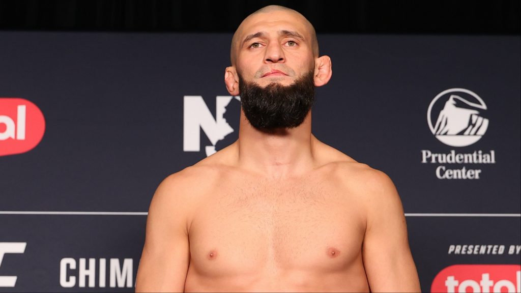 Khamzat Chimaev on the scale at the UFC 328 official weigh-in