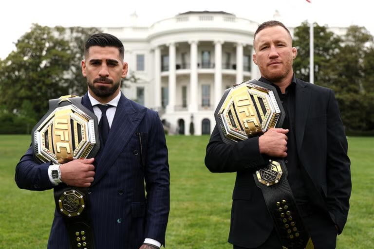 Ilia Topuria and Justin Gaethje pose on the White House lawn for UFC Freedom 250