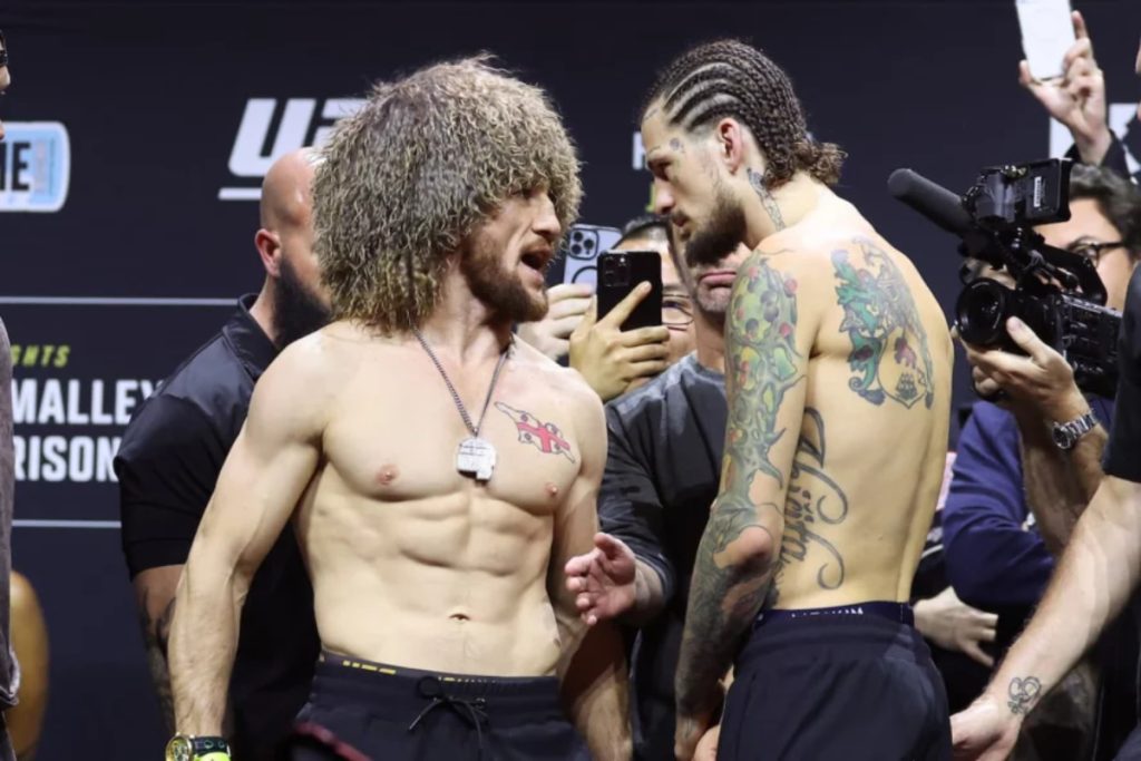 Merab Dvalishvili and Sean O'Malley face off during UFC 316 ceremonial weigh-ins
