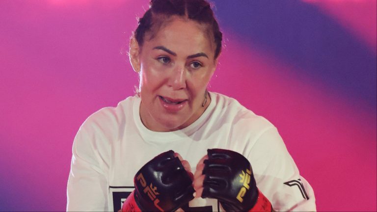 Cris 'Cyborg' Justino walks out for her fight against Larissa Pacheco