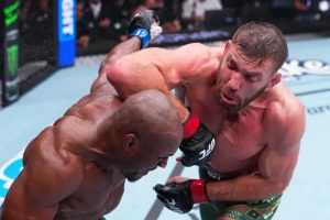 Dricus du Plessis delivers a strike to Kamaru Usman during his UFC OKC victory