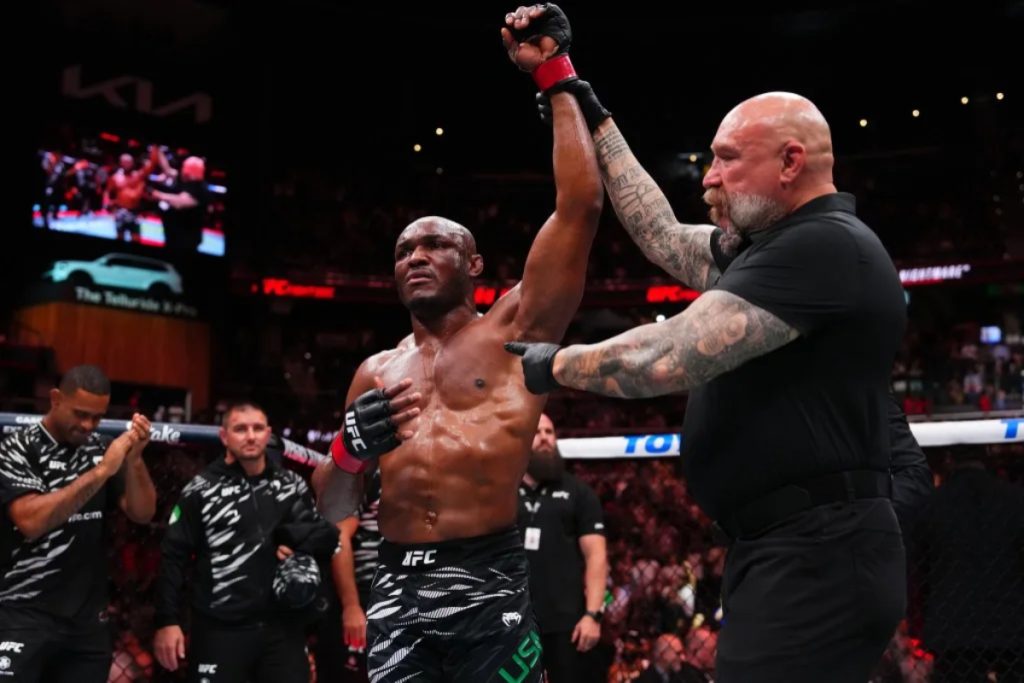 Kamaru Usman has his hand raised after defeating Joaquin Buckley at UFC Atlanta