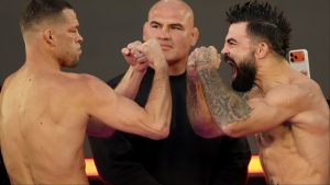 Nate Diaz and Mike Perry face off at the MVP MMA 1 weigh-in