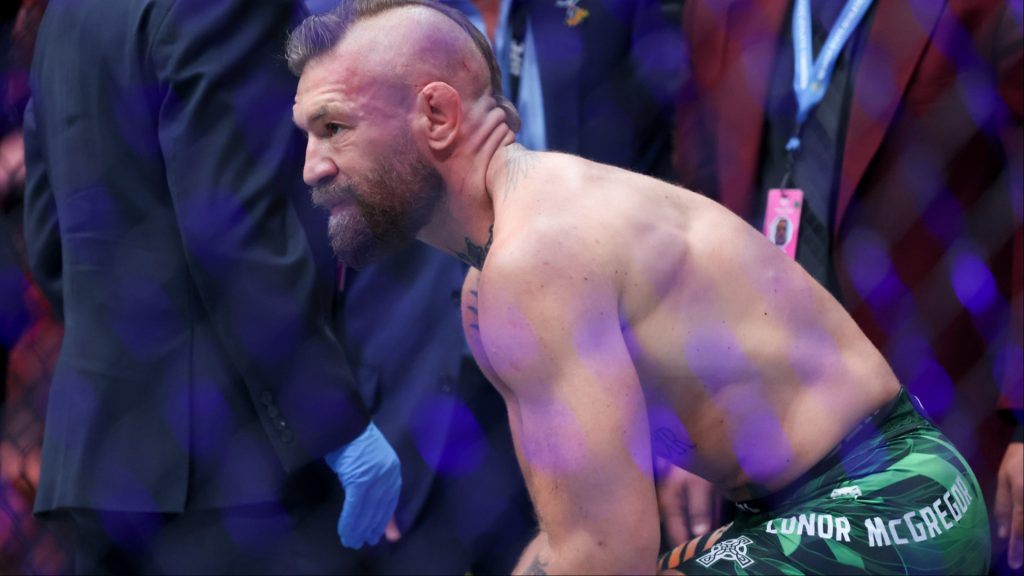 Conor McGregor reacts after his fight at UFC 329
